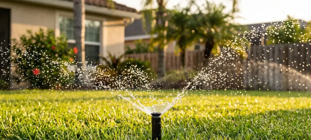 lawn irrigation system actively watering